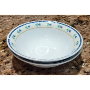Everyday Gibson 2 Cereal Bowls (6 1/2" D) Yellow & Blue w/Blue Flowers